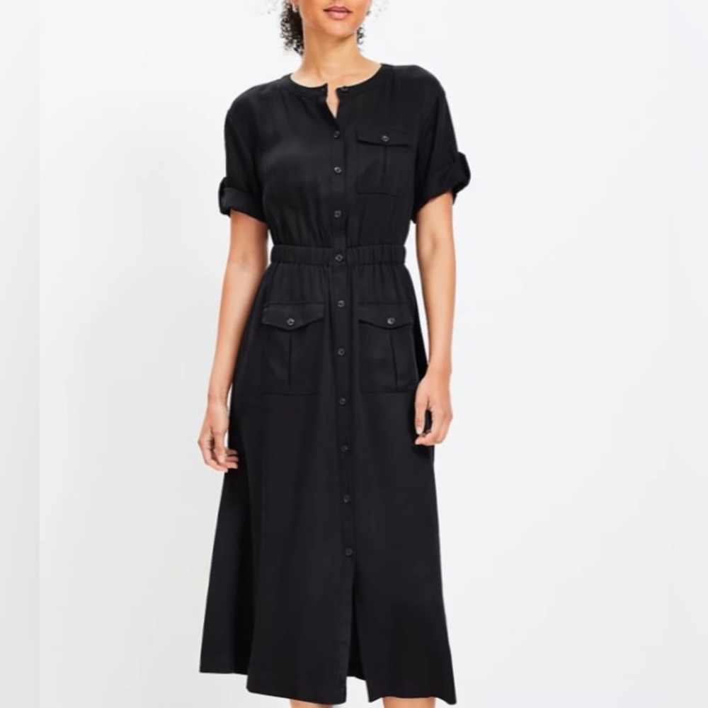 LOFT Utility Midi Pocket Dress Button Front Black Size 8